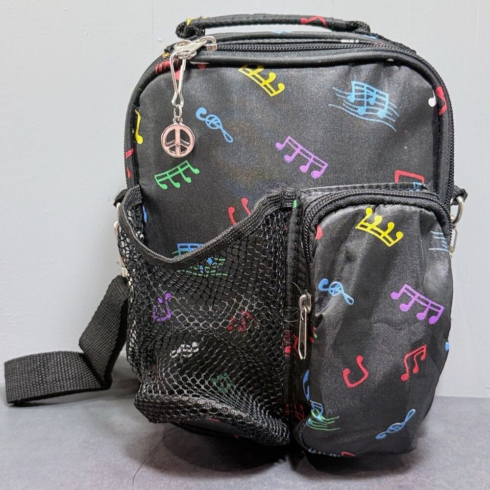 A Small Organizer Crossbody Sling Bag Music Print Black | Bottle Holder